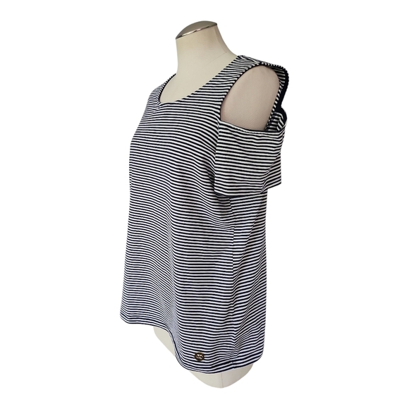 Michael Kors Navy & White Striped Cold Shoulder Top Size L - Picture 1 of 5